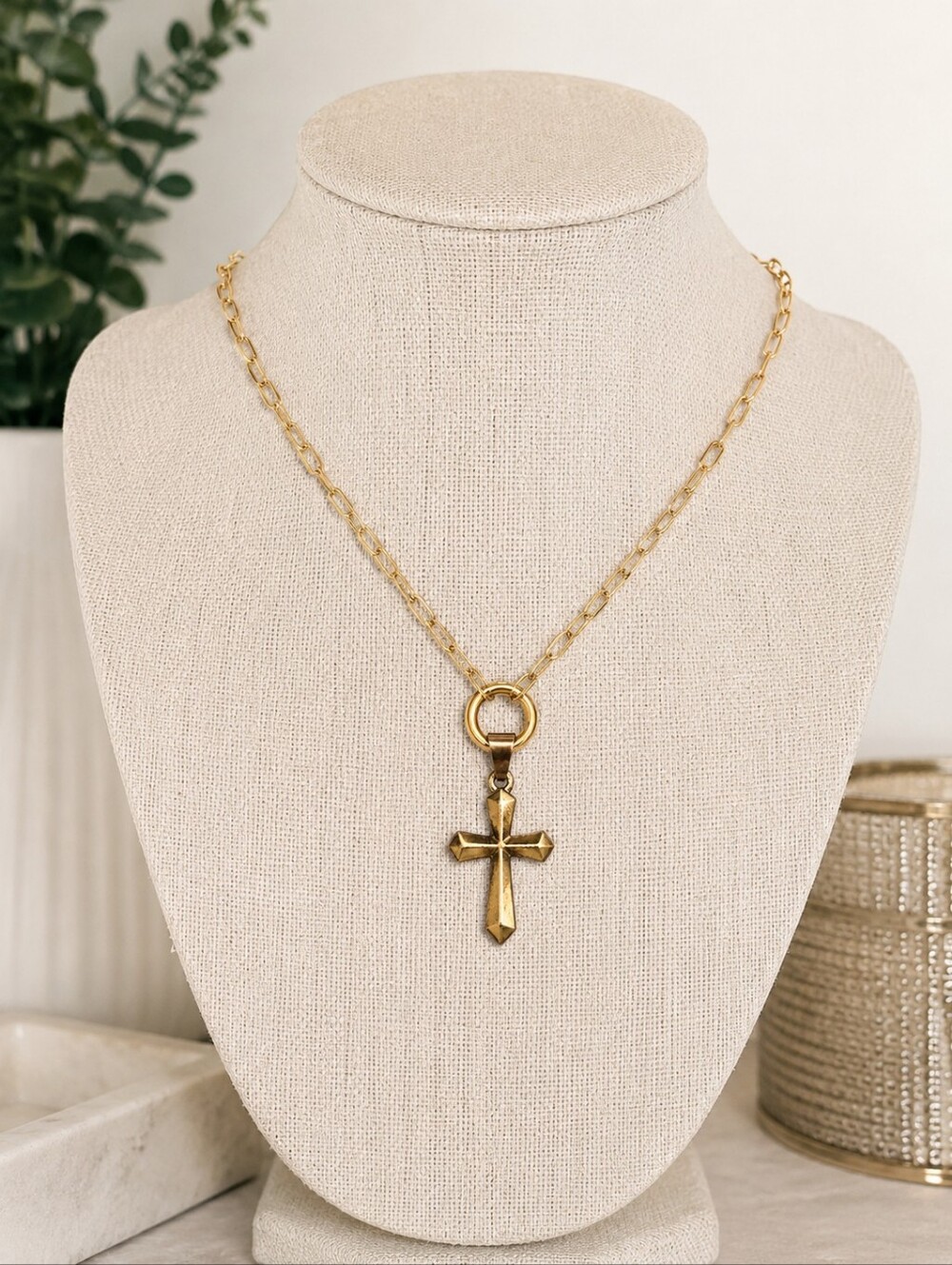 Gold Tone Cross Pendant + Plunder Paperclip Chain Necklace Christian Minimalist